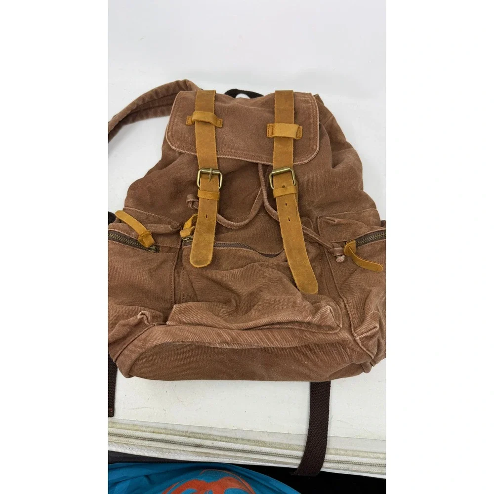 Vintage Style Brown Canvas Backpack Leather Trim Rucksack Travel Bag Mens Womens